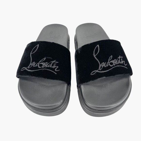 Christian Louboutin 'Navy Pool' Slide Sandals Size 37 US 7 Black Velvet Logo 27 - Picture 2 of 12